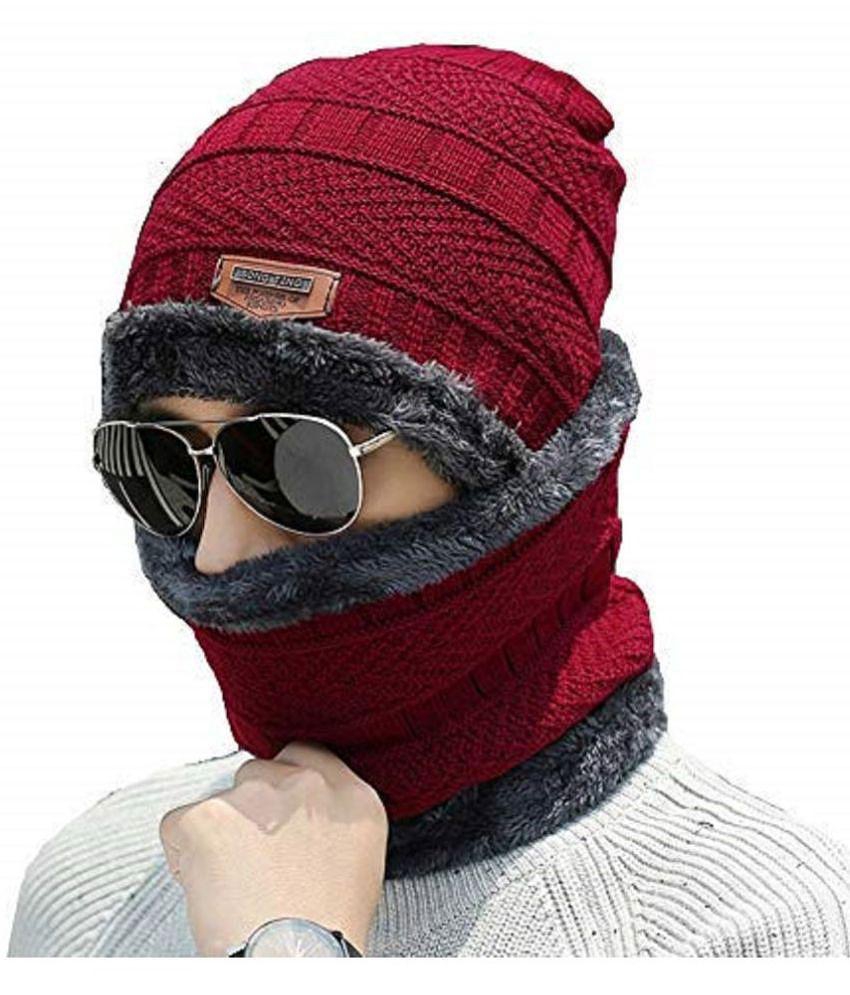 KP2Â® Snow Proof Inside Fur Wool Unisex Beanie Cap with Neck Warmer Set Knit Hat Thick Fleece Lined Winter Hat for Men & Women - One Size