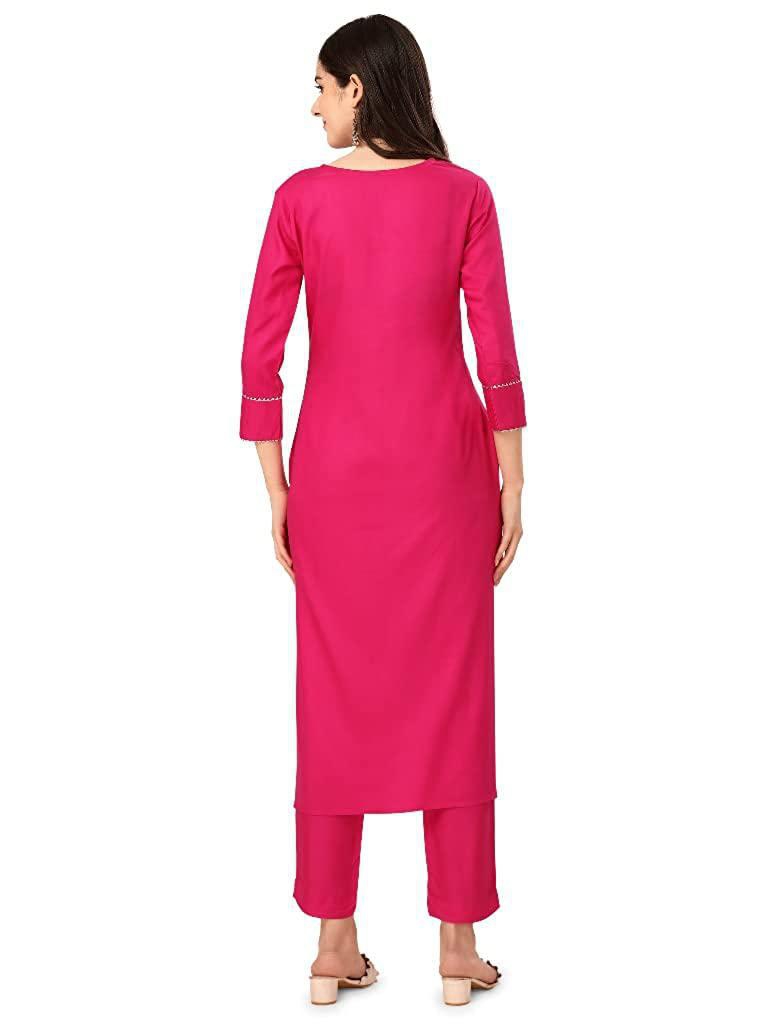 VEEKEEDA Womens Regular Plain V-Neck Straight Rayon Cotton Stitched Kurti with Bottom (XXL): PINK - XXL