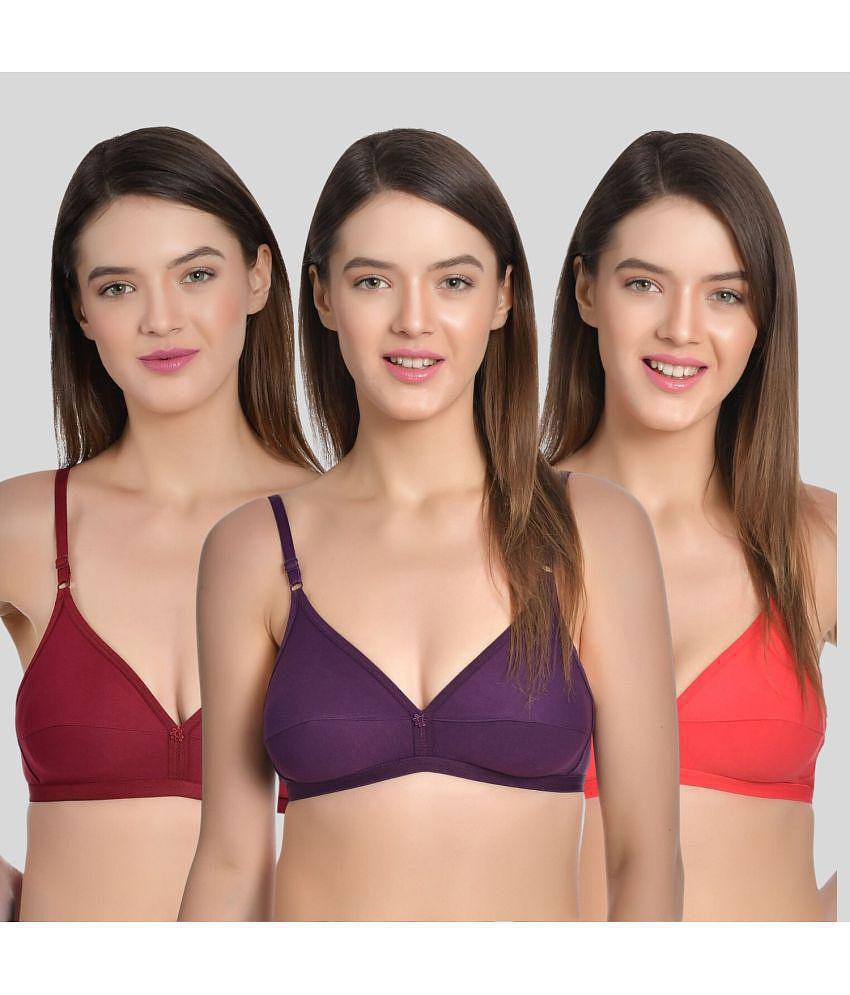 AIMLY - Wine Cotton Non Padded Women's T-Shirt Bra ( Pack of 3 ) - None