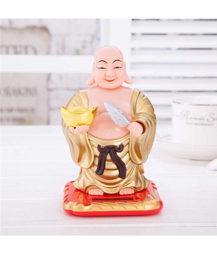 PAYSTORE Plastic Solar Laughing Buddha Holding Ingot & Waving Fan and Moving Head Idol for Health Wealth & Prosperity (Medium , Gold )