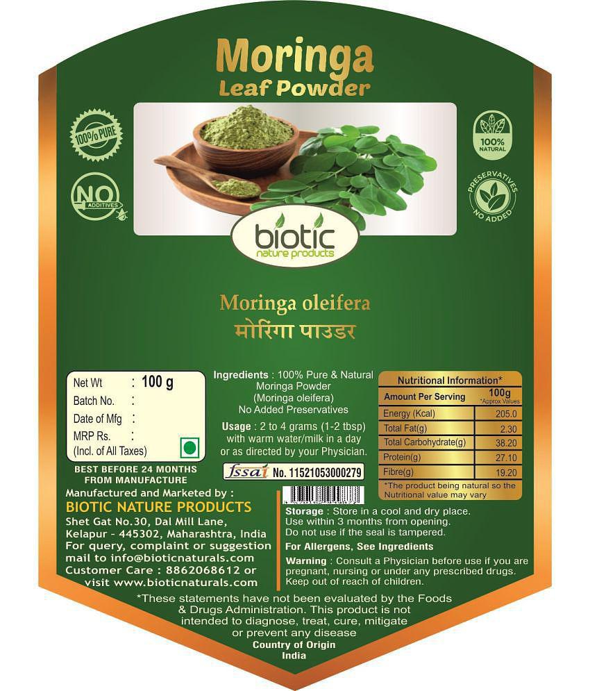 Biotic Moringa Leaf Powder (Moringa Oliefera) for Eating, Hair 100 gm