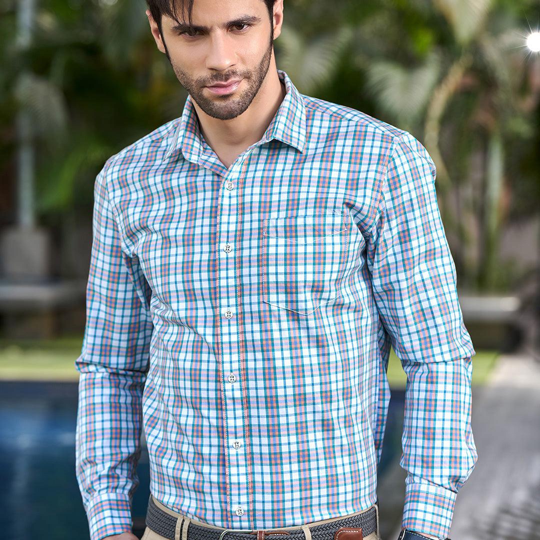 White And Blue Checked Cotton Shirt With Cutaway Collar-S