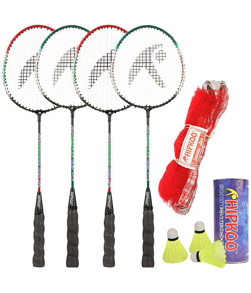 Hipkoo Sports Toofani Aluminum Badminton Complete Racquets Set | 4 Wide Body Rackets with Cover, 3 Shuttlecocks and Net | Ideal for Beginner | Lightweight & Sturdy (Multicolour, Set of 4)