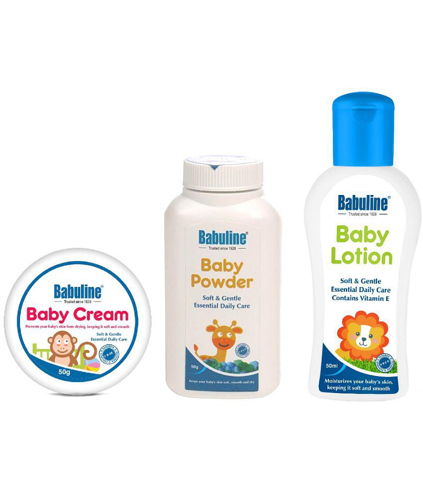 Babuline Complete Baby Care Kit Baby Powder 50gm, Baby Lotion 50gm, Baby Cream 50gm for New Born Baby Gift Set Bath & Skin Essentials Combo Value Pack Baby Shower Gifting Set (Pack of 3)