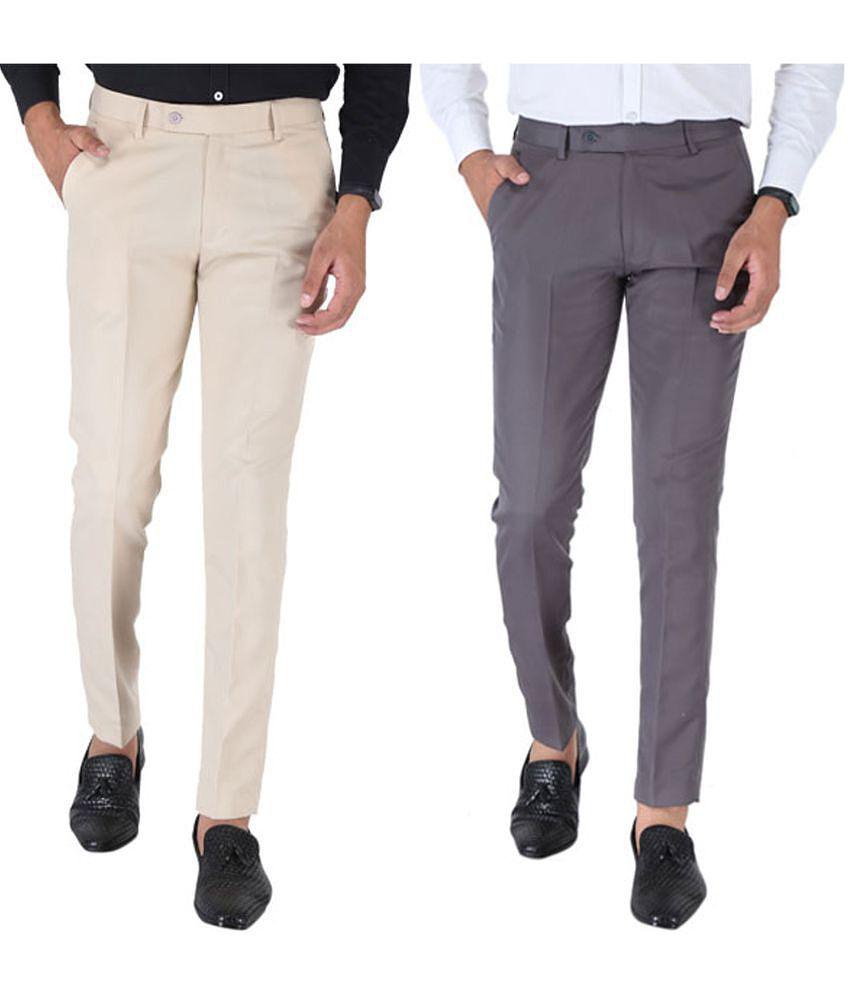 SREY Cream Slim -Fit Flat Trousers Pack of 2 - None