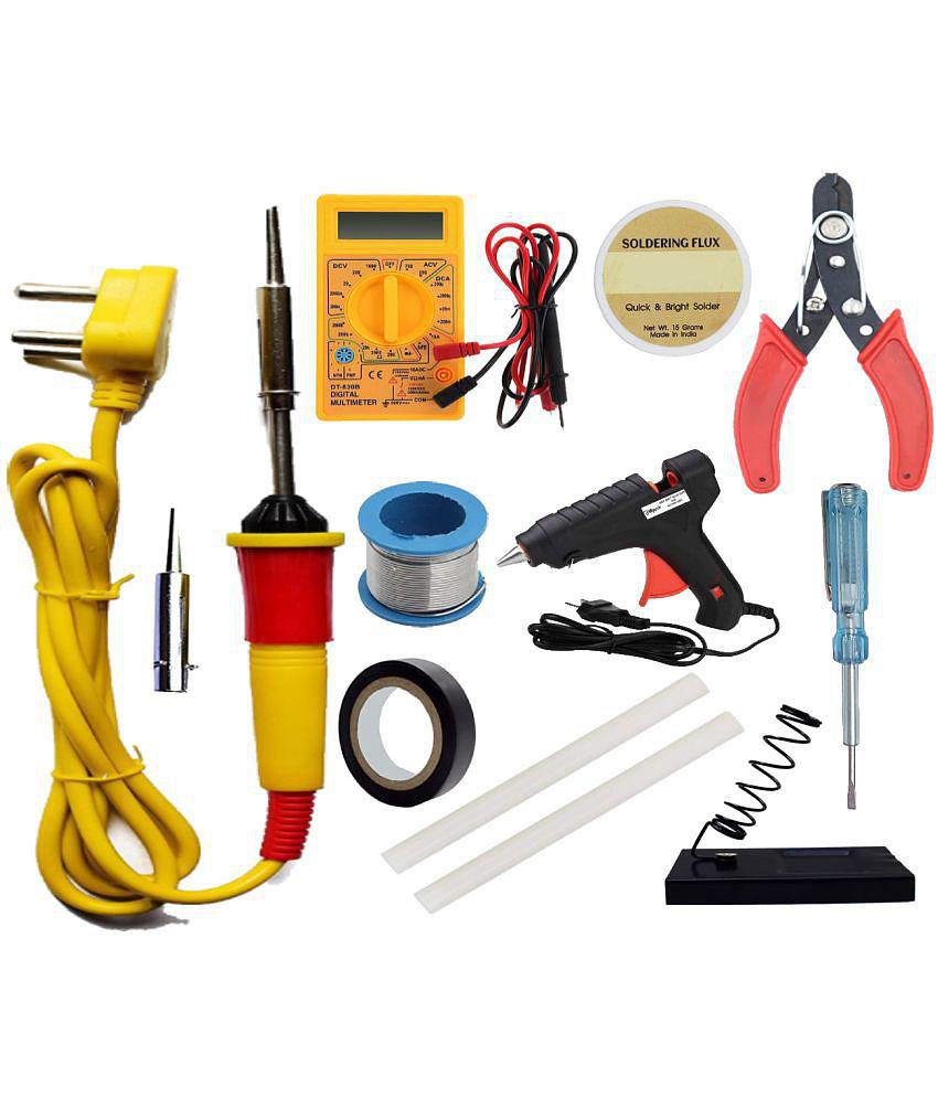 ALDECO: ( 12 in 1 ) Soldering Iron Kit contains- Yellow Iron, Wire, Flux, Bit, Stand, Cutter, Tester, Tape, Glue Gun, 2 Glue Stick, Digital Multimeter