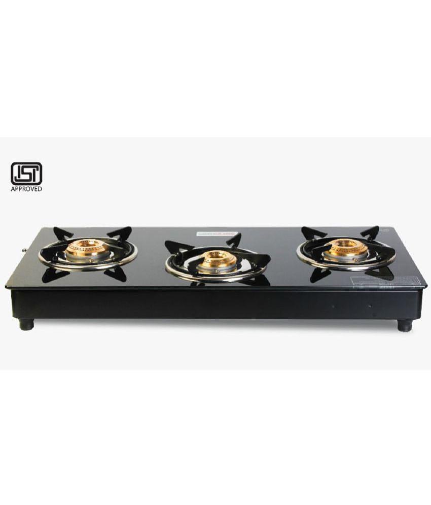 Suryaviva Nano Plus 3B Ms Bk Toughened Glass 3 Cast Iron Burner Gas Stove(Manual Ignition,Black) - Black