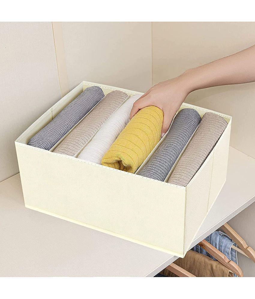 HOMETALES Non-Woven 6 Compartments Foldable Wardrobe Storage Organisers for Shirt, Denims, Pants, T-Shirt,Beige (2U)