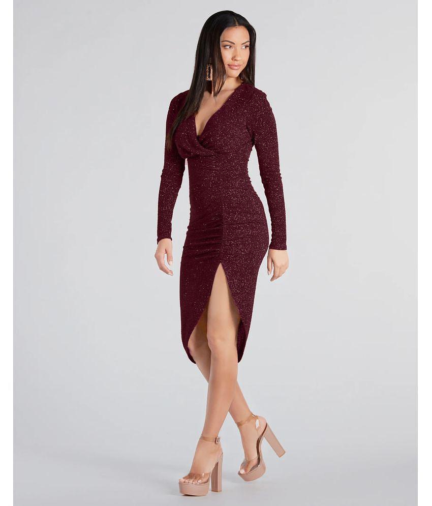 Luxurious Men Addyvero Polyester Self Design Midi Womens Bodycon Dress - Maroon ( Pack of 1 ) - 
