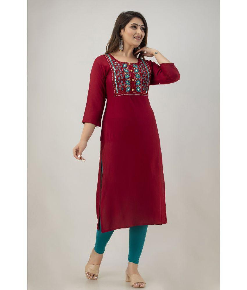 Preksha - Maroon Rayon Women's Straight Kurti ( Pack of 1 ) - None