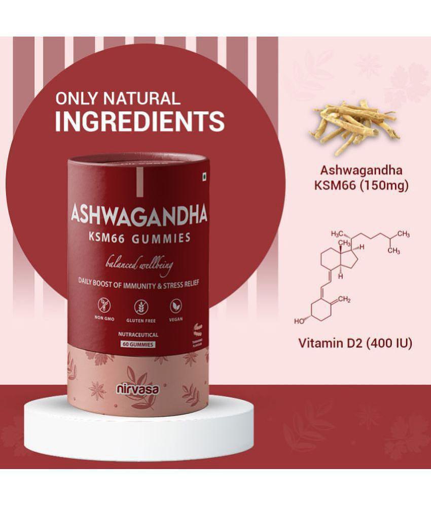 Nirvasa Ashwagandha KSM66 Gummies, for immunity, Vitality and Vigour, enriched with Vitamin D3 and Tamarind Flavour Sugar Free (1 x 60 Gummies) - 7-8 Years, Multicolor