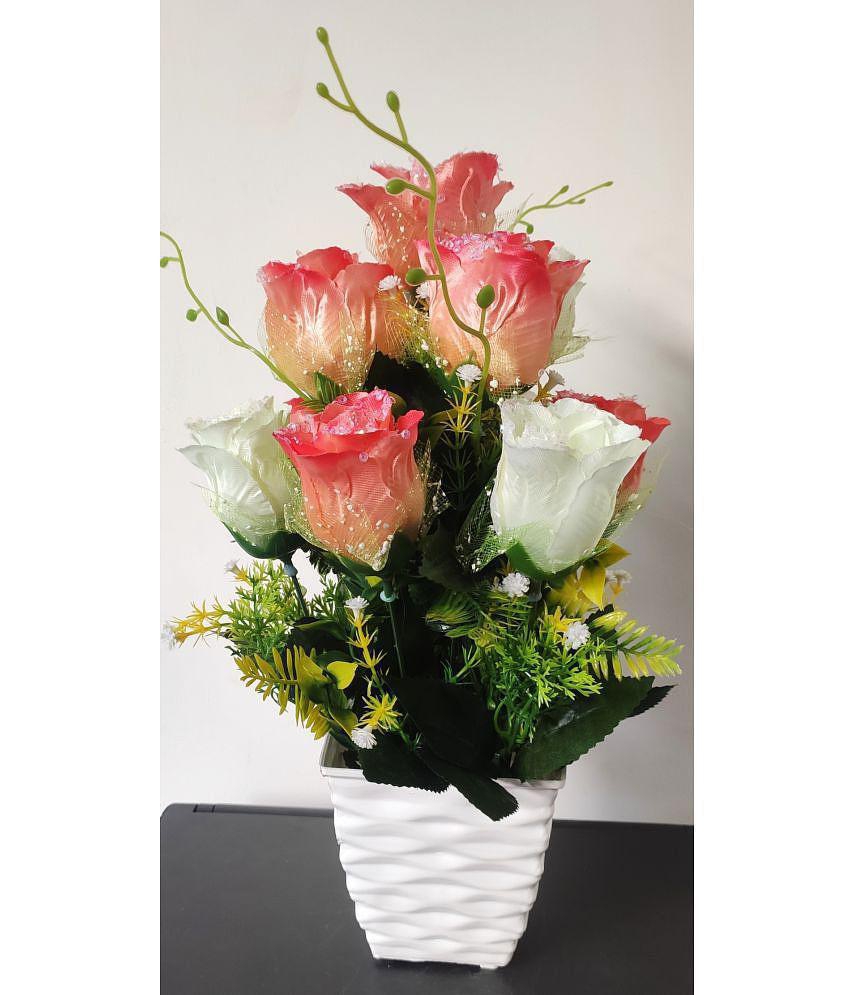 BAARIG - Peach Rose Artificial Flowers With Pot ( Pack of 1 )