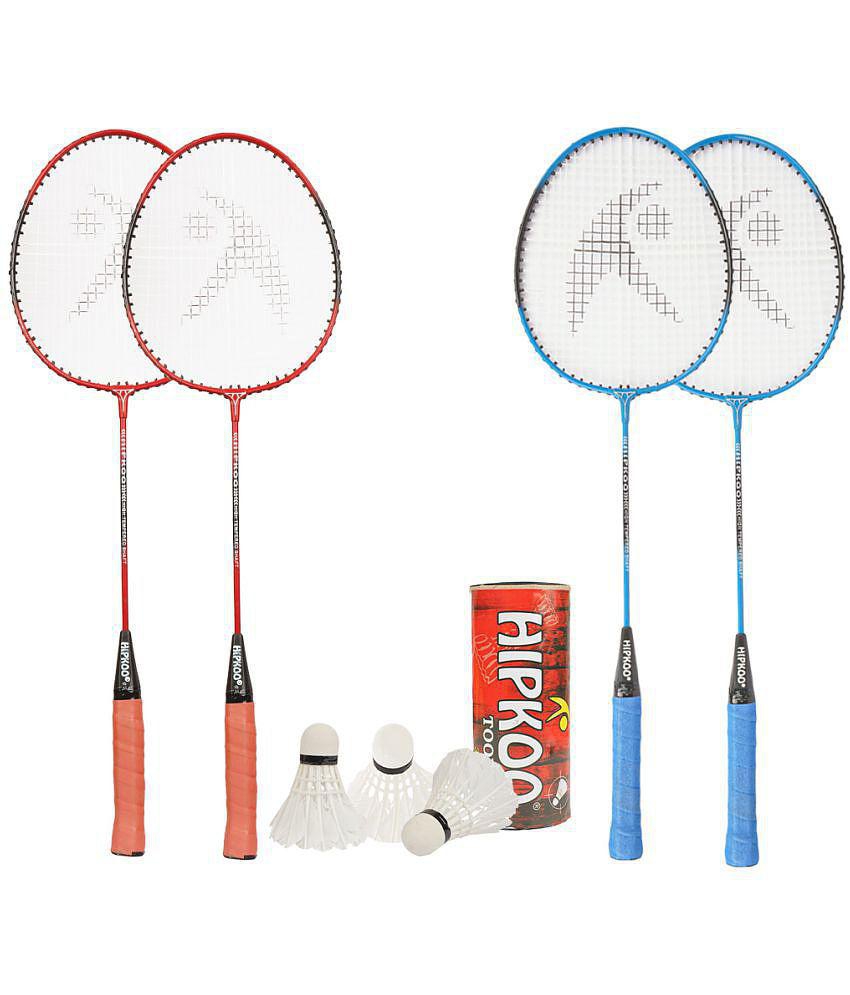 Hipkoo Sports Utility Aluminum Badminton Complete Racquets Set | 4 Wide Body Racket and 3 Shuttlecocks | Ideal for Beginner | Flexible, Lightweight & Sturdy (Red & Blue, Set of 4)