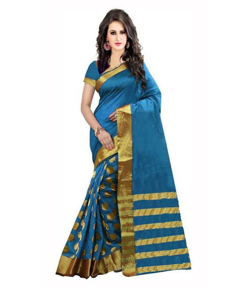 Bhuwal Fashion - Blue Cotton Blend Saree With Blouse Piece (Pack of 1) - Blue