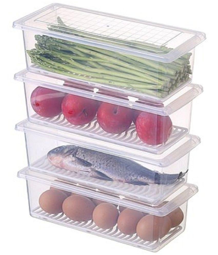 SHARUJA Fridge Storage Boxes Fridge Organizer with Removable Drain Plate and Lid for Fish, Meat, Vegetables, Fruits (1500ML Each) - Pack of 4 - White