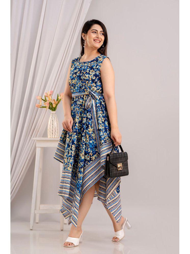 Latest Men Frionkandy Cotton Printed Ankle Length Womens Asymmetric Dress - Blue ( Pack of 1 ) -