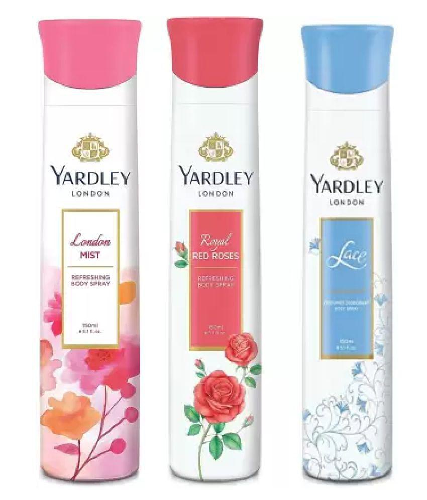 Yardley London London Mist, and Lace Body Spray - For Women,150ML Each (Pack of 3)