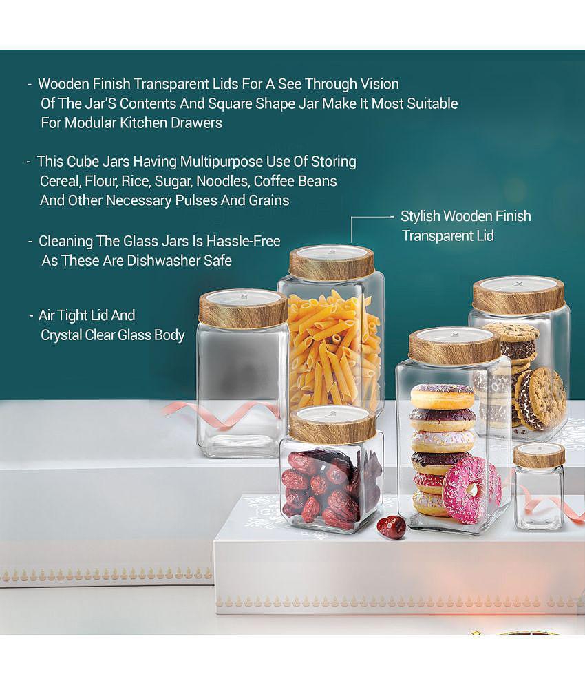 Treo By Milton Woody Cube Glass Jar, 1000 ml, Transparent | Air Tight | Easy to Clean | Candies | Cookies | Pulses | Kitchen Item - Transparent