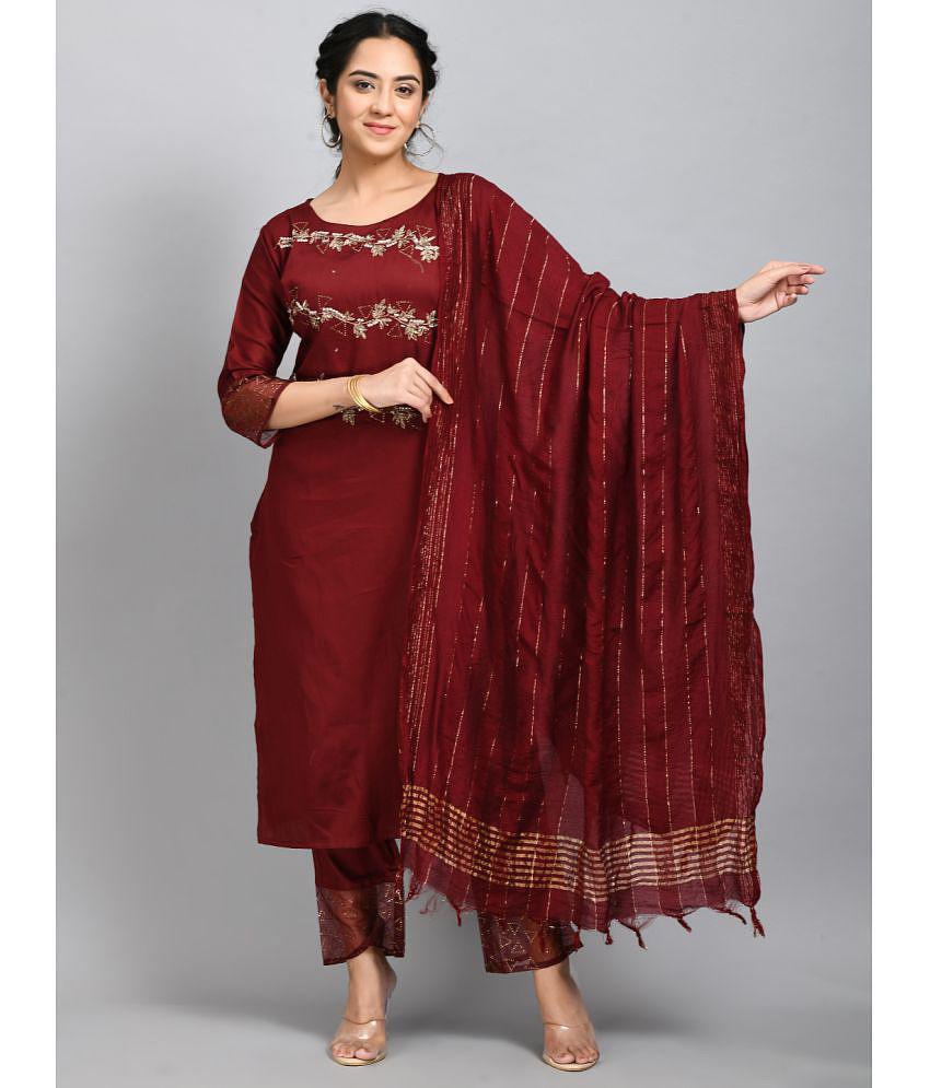 Desinoor - Maroon Straight Cotton Silk Women''s Stitched Salwar Suit ( Pack of 1 ) - None