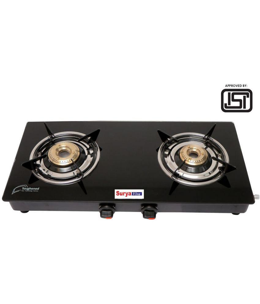 Suryaviva Nano 2B Ms Bk Toughened Glass 2 Cast Iron Burner Gas Stove(Manual Ignition,Black)