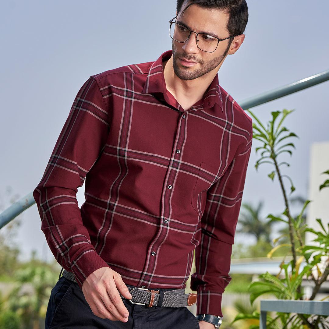 Wine Red Cotton Shirt With Broad Black Check-S