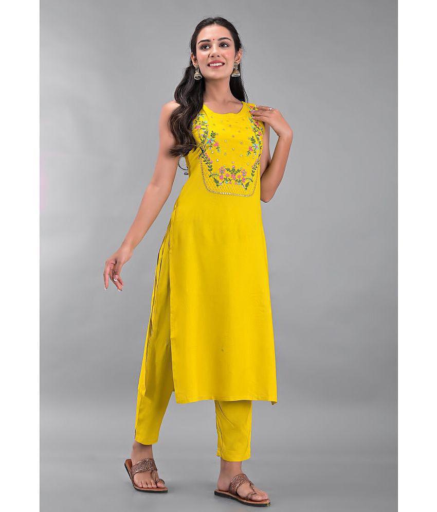 Buy Online Plo Maquien - Yellow Straight Rayon Women's Stitched Salwar Suit ( Pack of 1 ) - None