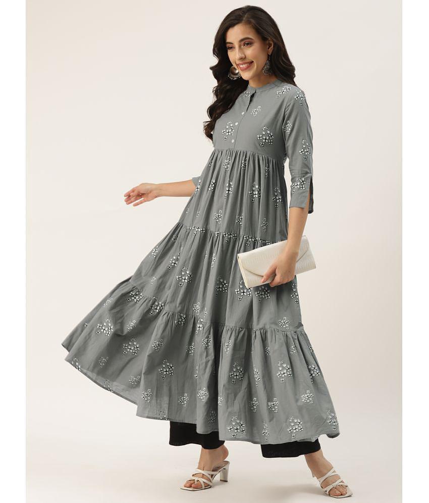 Affordable Men HISHAM - Grey Cotton Blend Women's Tiered Flared Kurti ( Pack of 1 ) - None 2025 