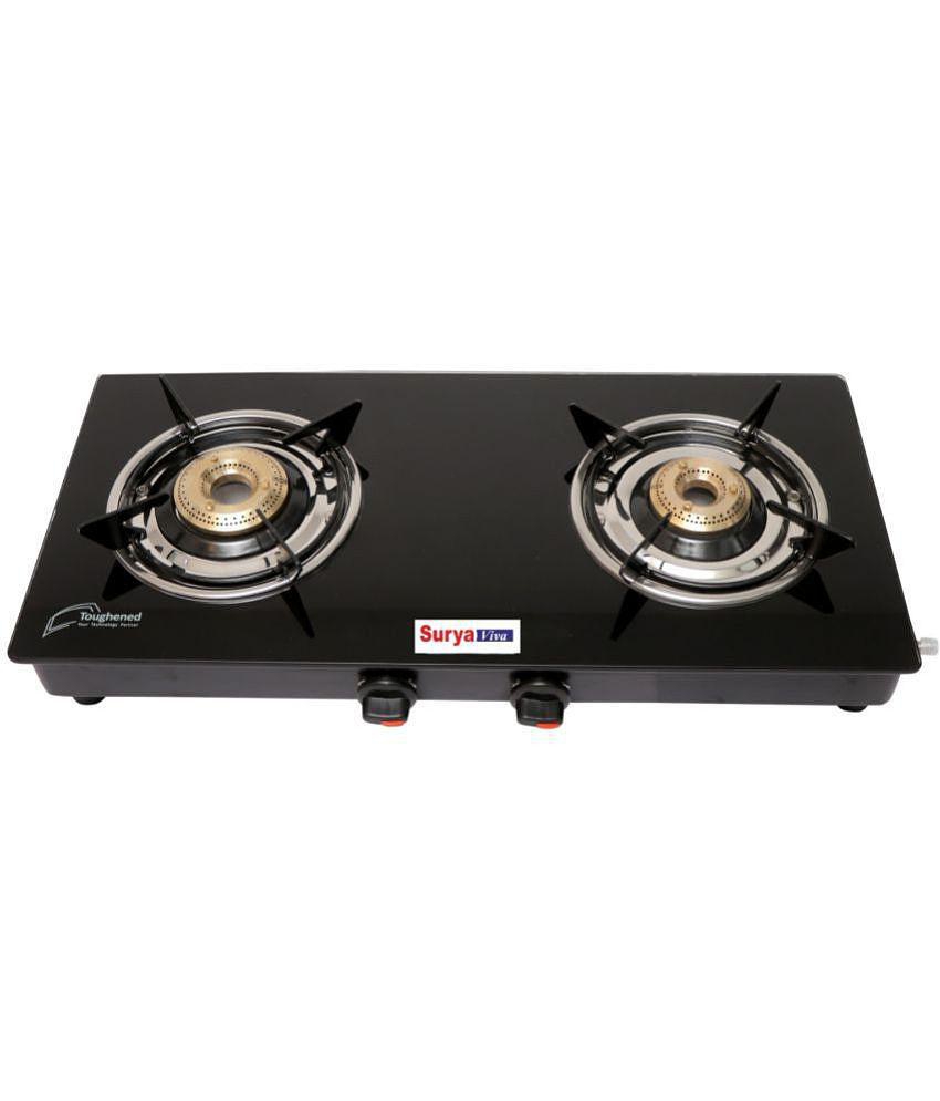 Suryaviva Nano 2B Ms Bk Toughened Glass 2 Cast Iron Burner Gas Stove(Manual Ignition,Black)