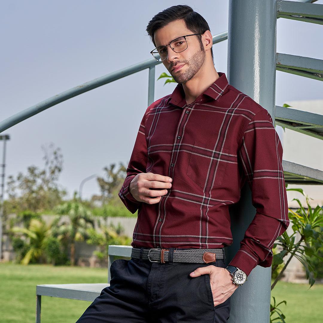 Wine Red Cotton Shirt With Broad Black Check-S