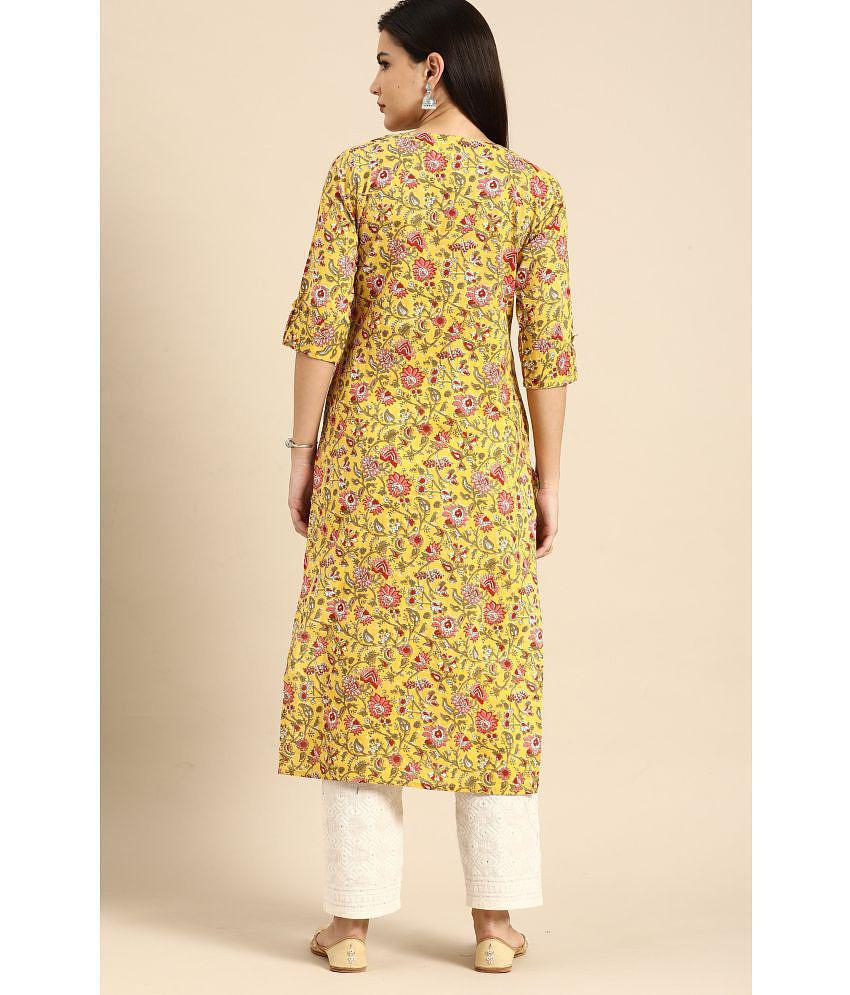 Rajnandini - Yellow 100% Cotton Women's Straight Kurti ( Pack of 1 ) - None