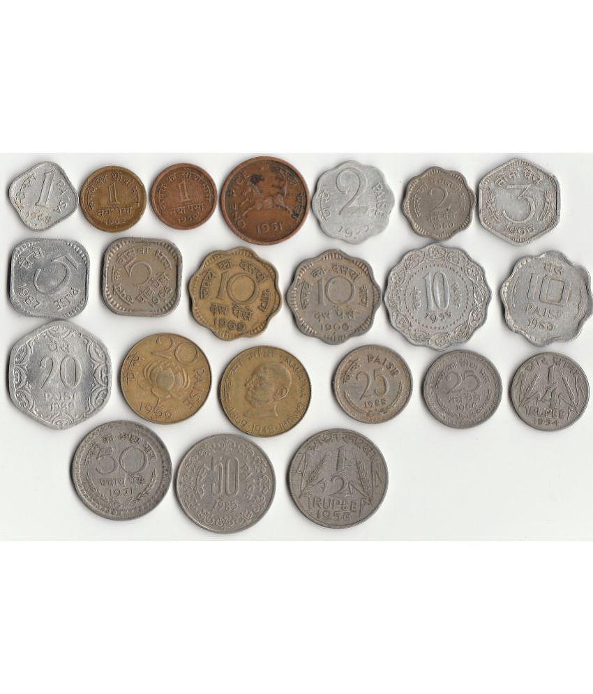 Sansuka 22 different India old coins Coin Collection one paisa, two paisa three paisa, 5paisa, 10 paisa, 20 paisa, all set coins in one set collector choice, brass paisa, copper paisa , alum