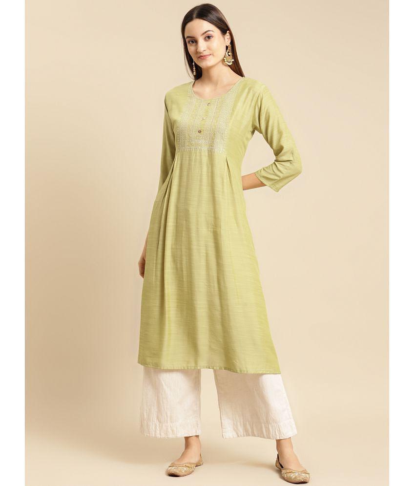 Rangita Women Mint Green Yoke Zari Embroidered Calf Length A-line Kurti - L, Mint Green