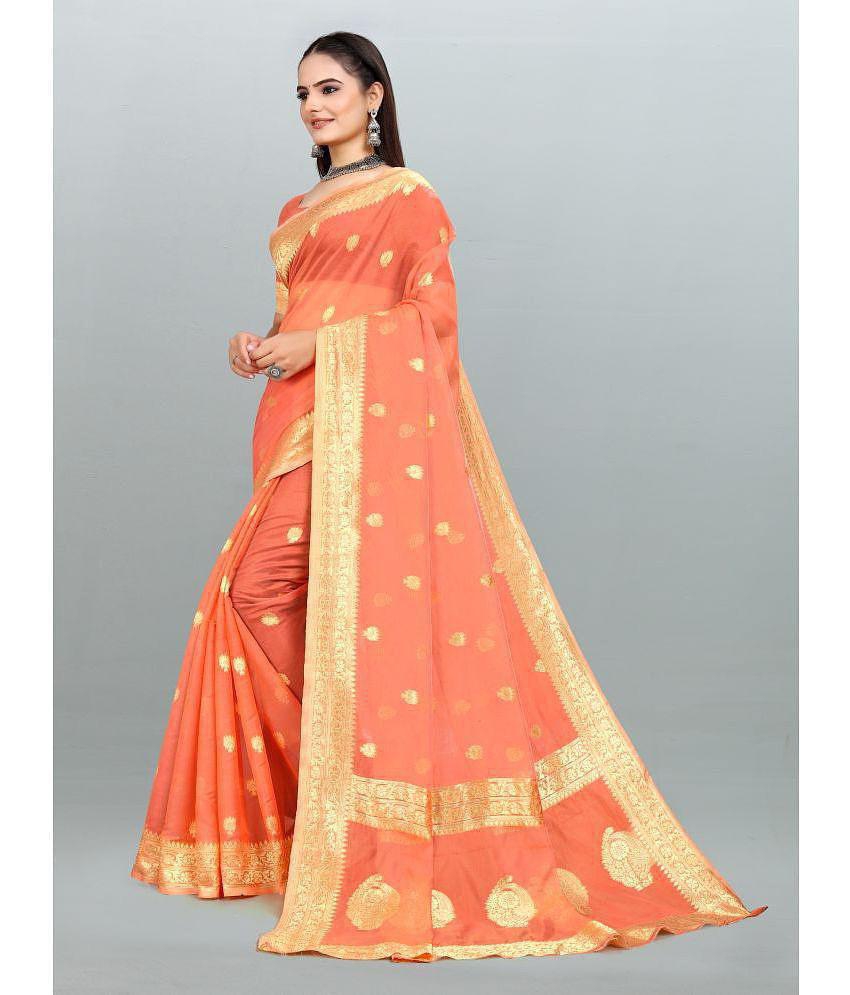 Om Shantam Sarees - Peach Organza Saree With Blouse Piece ( Pack of 1 ) - Peach