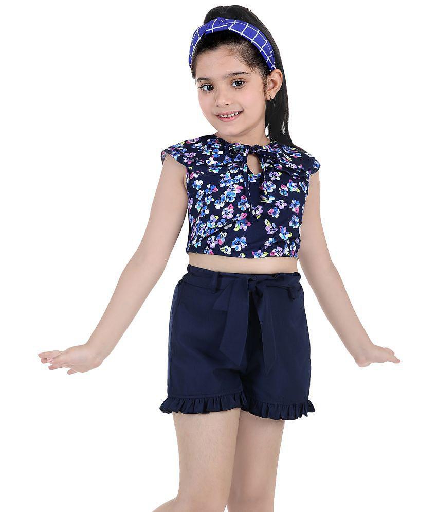 Naughty Ninos Girls Navy Blue Floral Printed Top with Short - None