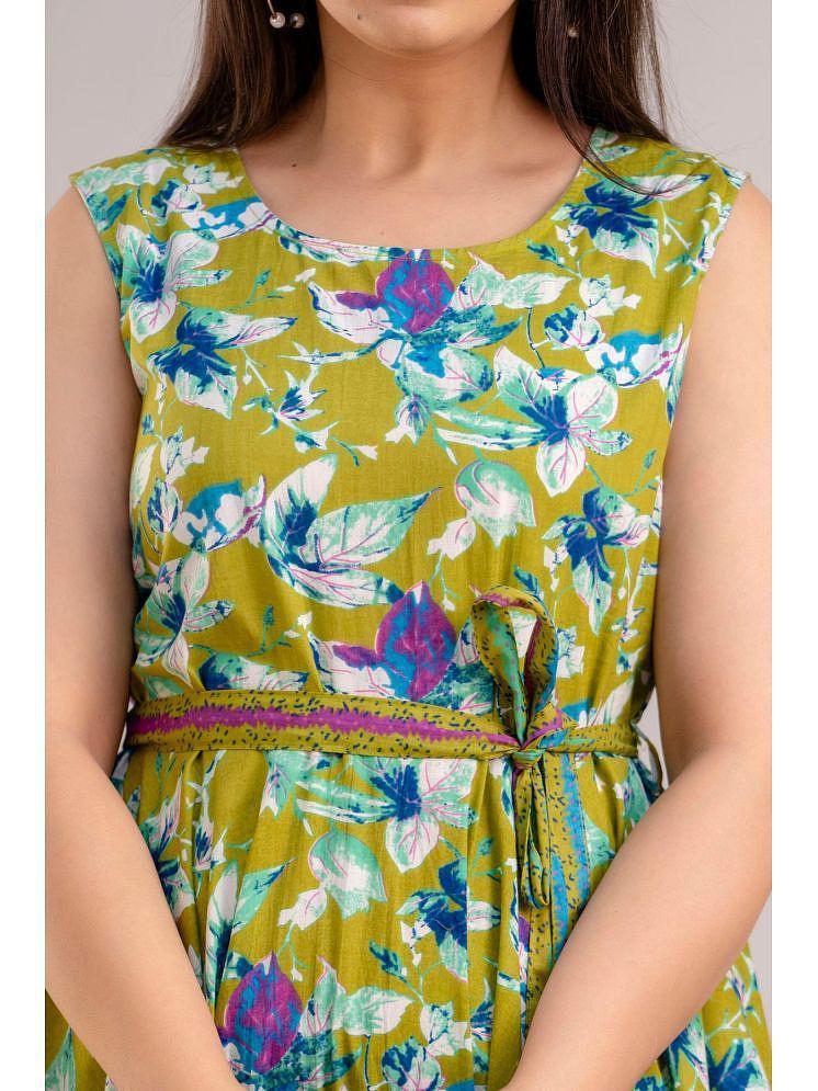 Stylish Men Frionkandy Cotton Printed Ankle Length Womens Asymmetric Dress - Green ( Pack of 1 )