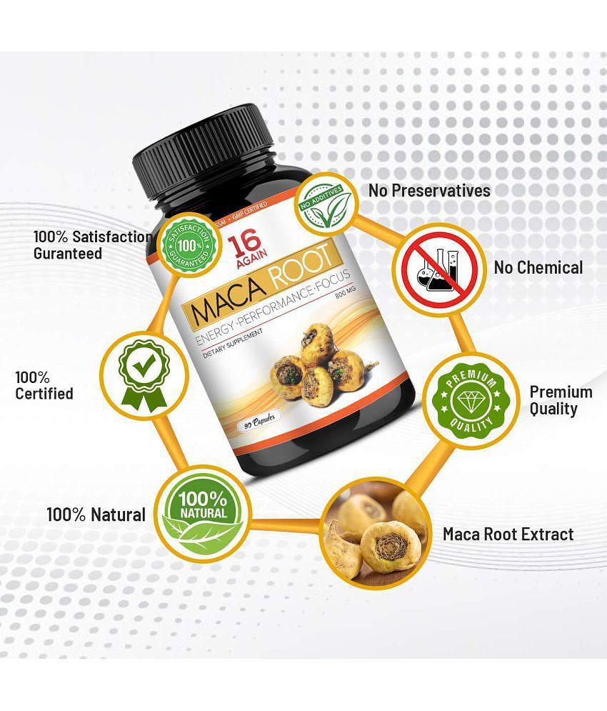 16Again Maca Root Extract Capsule 800 mg 100% Natural Organic Maca Root Powder - 90 Capsules |Supports Strength, Stamina, Performance and Energy