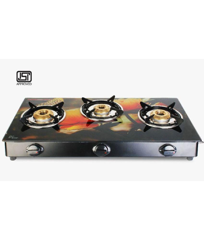 Suryaviva Nano Plus Digital 3B Ms Bk Toughened Glass 3 Cast Iron Burner Gas Stove(Manual Ignition,Multi Colour) - Assorted