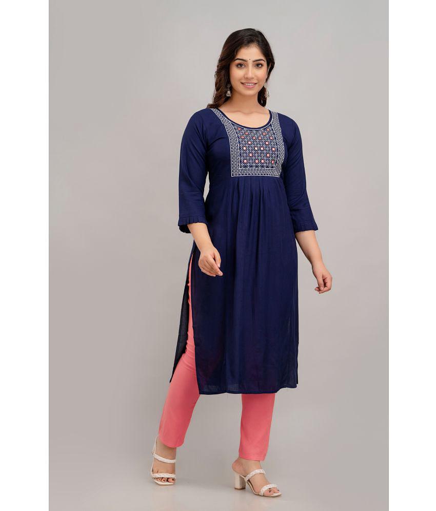 Kapadia - Navy Rayon Women''s Straight Kurti ( Pack of 1 ) - None