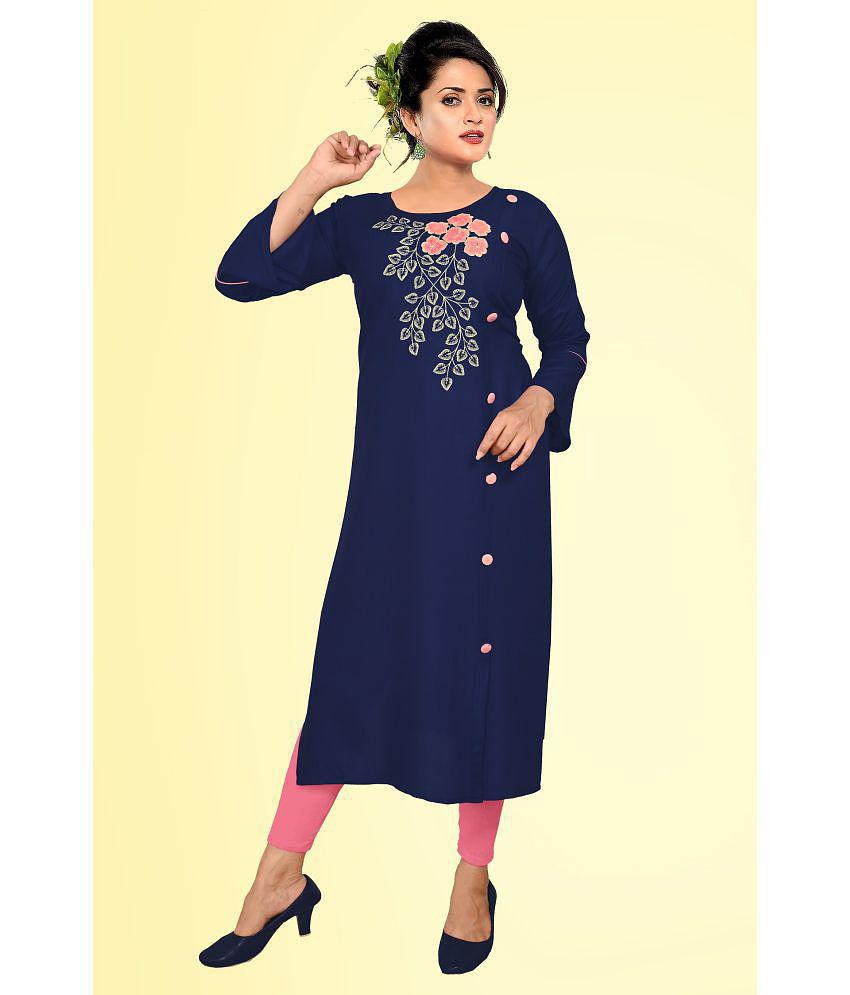 HAYA - Navy Rayon Women''s Straight Kurti ( Pack of 1 ) - None