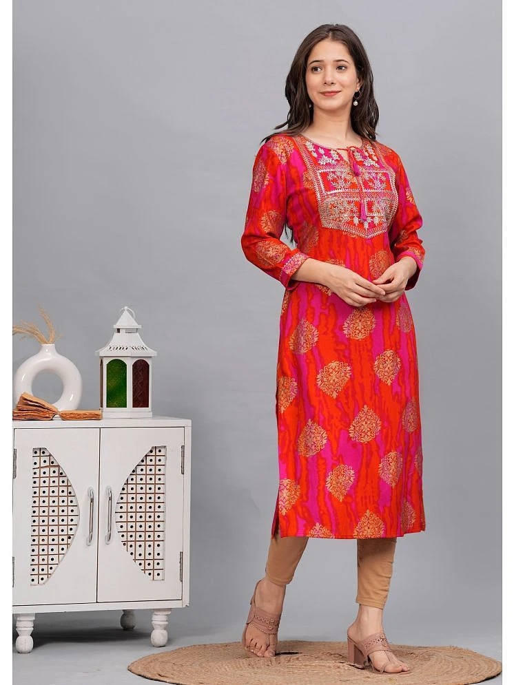 Buy Online Plo Kapadia Rayon Embroidered Straight Women's Kurti - Orange ( Pack of 1 ) - None