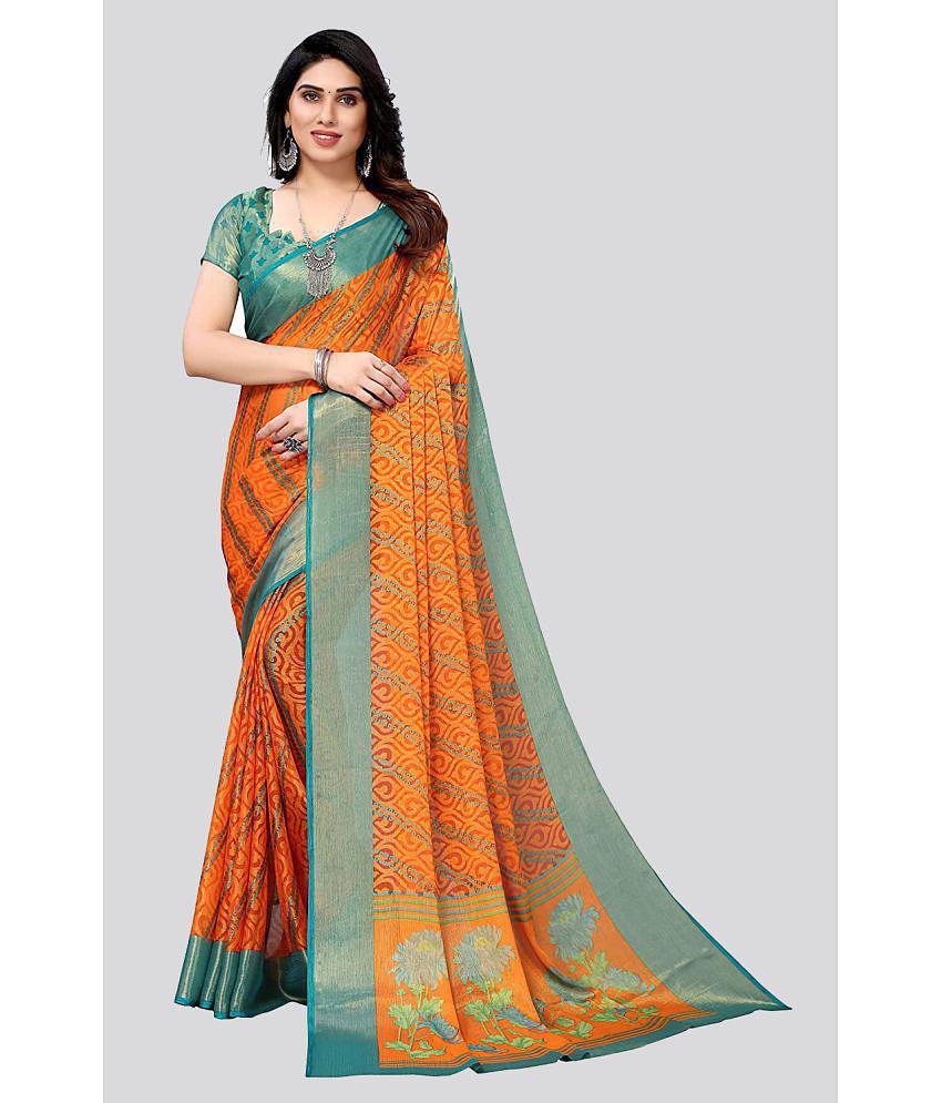 Bhuwal Fashion - Orange Brasso Saree With Blouse Piece ( Pack of 1 ) - Orange