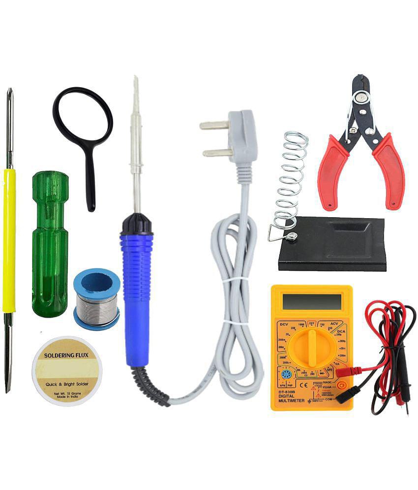 ALDECO: ( 8 in 1 ) SOLDERING IRON 25 Watt Professional Kit - Blue Iron, Wire, Flux, Cutter, Stand, Lense, 2 in 1 Screw Driver, Digital Multimeter