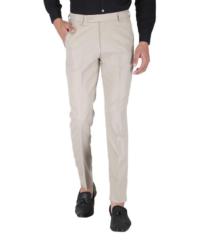 Playerz Poly Blend Slim -Fit Solid Beige Men's Trousers Single Pack - None