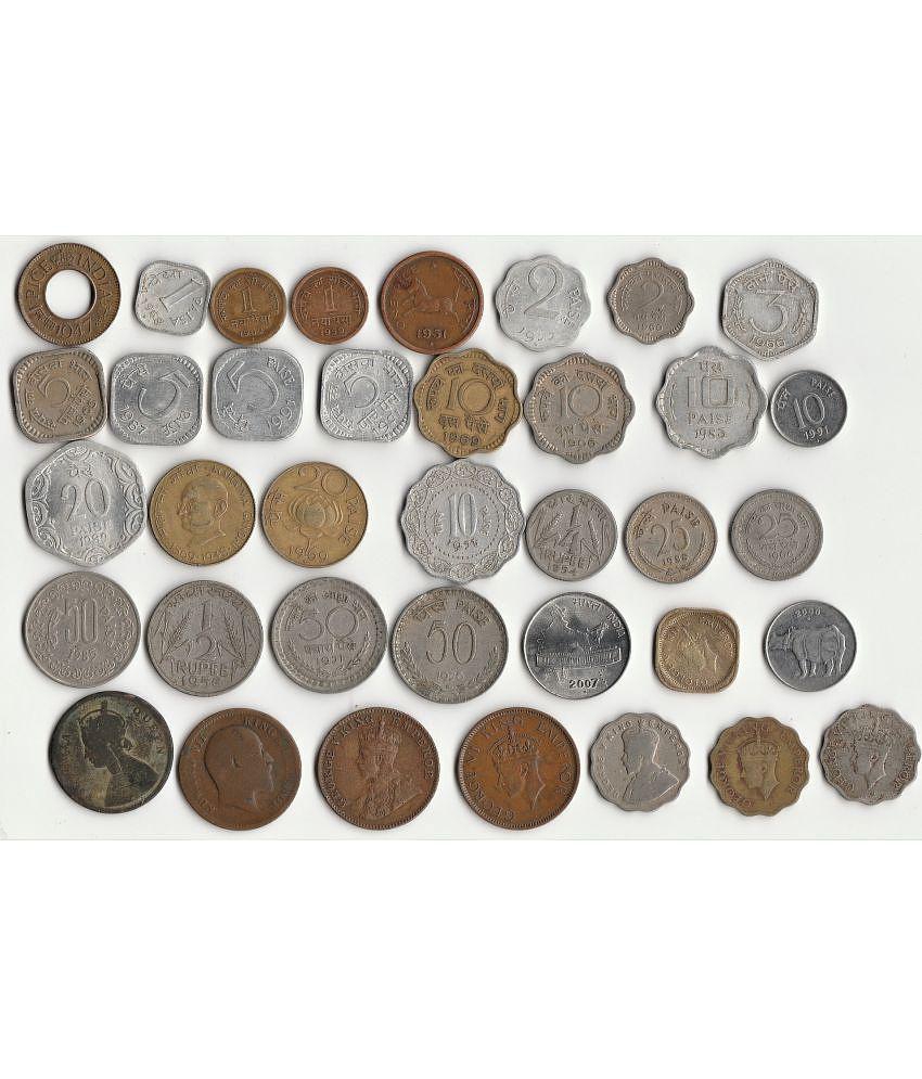 Sansuka 37 different India old coins one paisa, two paisa three paisa, 5paisa, 10 paisa, 20 paisa, 25 paisa, 50 paisa, one anna, British Quarter Anna. Coin Collection