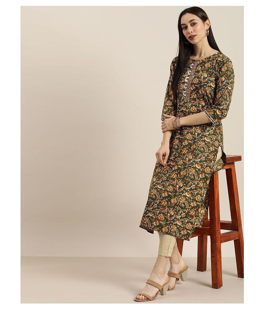 KSUT Green Cotton Straight Kurti - Single - XXL