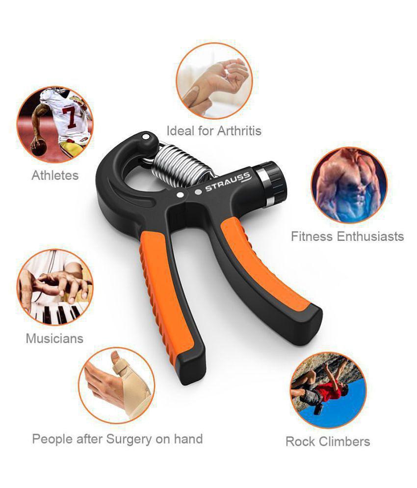 Strauss Adjustable Spring Hand Exerciser | Finger Exerciser| Hand Grip Strengthener for Men & Women (Black/Orange) - Orange