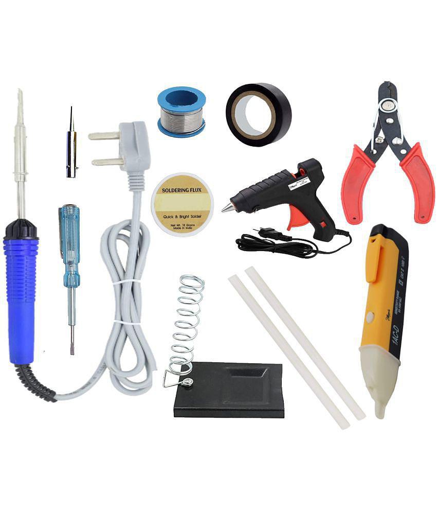 ALDECO: ( 12 in 1 ) 25 Watt Soldering Iron Kit With-Blue Iron, Wire, Flux, Bit, Stand, Cutter, Tape, Tester, Glue Gun, 2 Glue Stick, Voltage Alert