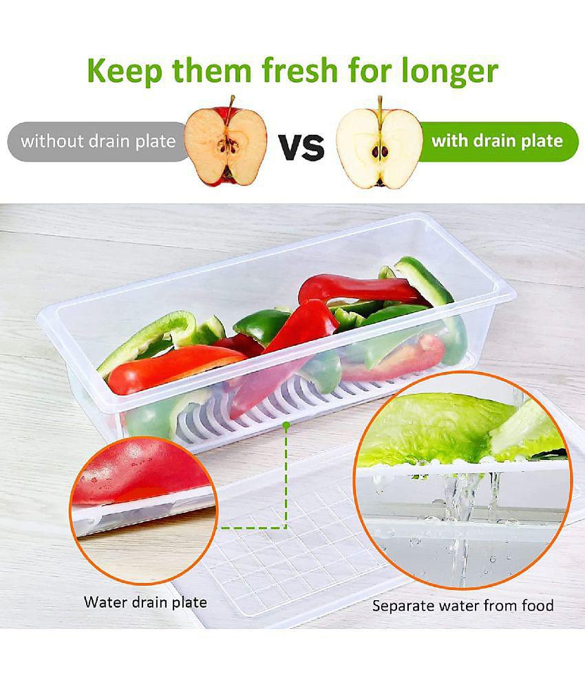 Fridge Storage Container with Drain Tray and Lid - Transparent Polyproplene Food Container ( Pack of 3 ) - Transparent