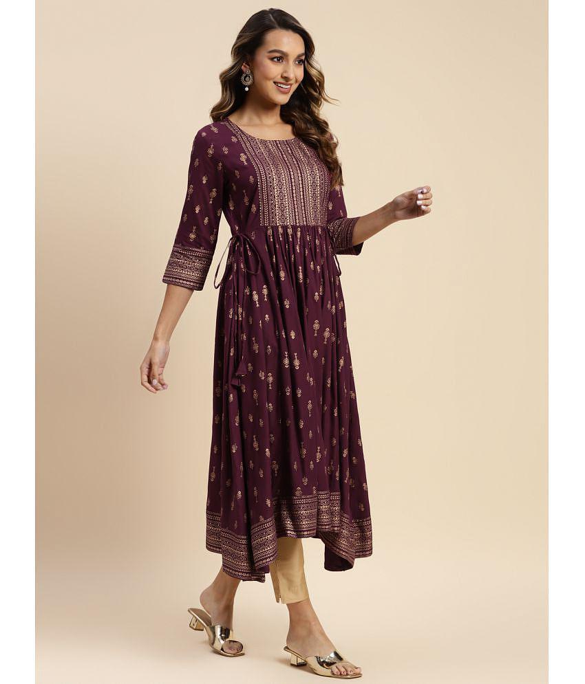 Rangita Women Rayon Wine Gold Printed Calf Length Kurti Anarkali - 4XL, Wine