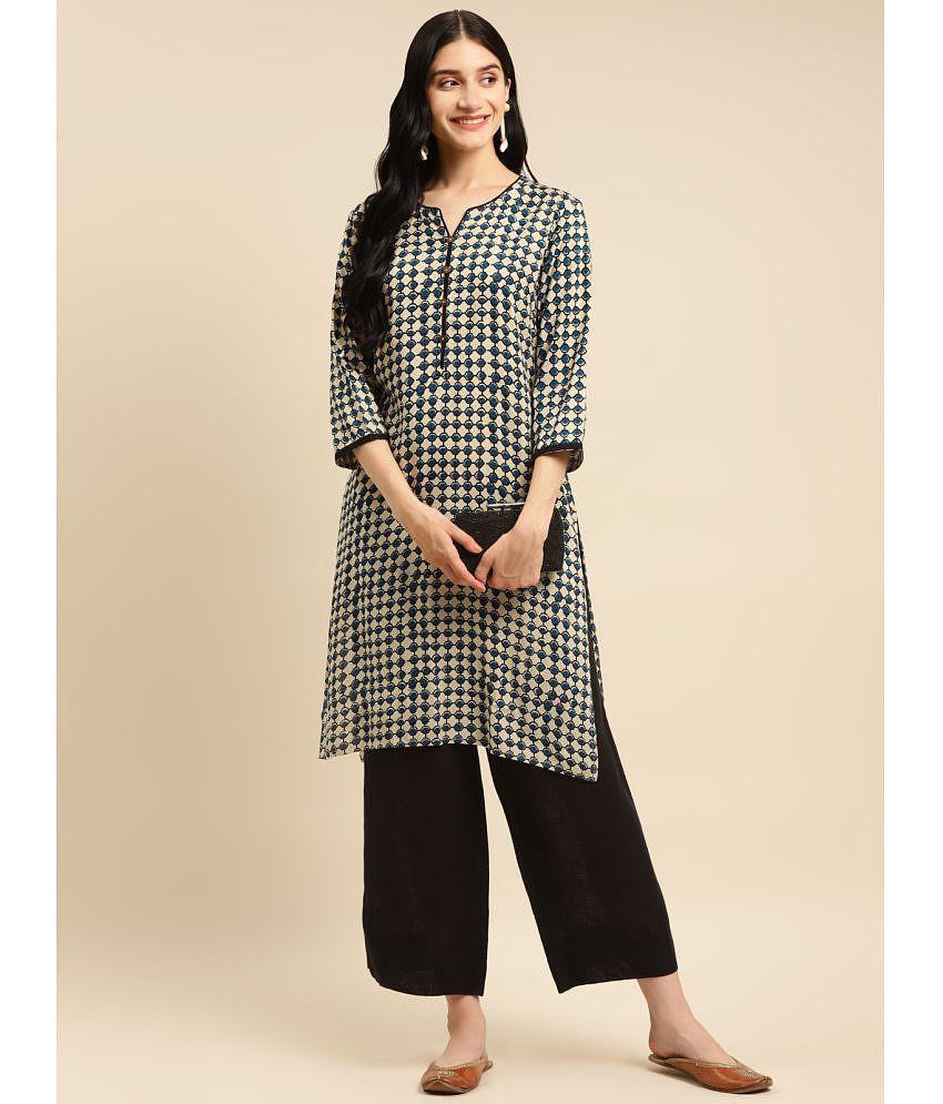 Rangita Women Rayon Navy Bagru Printed Knee Length Straight Kurti - XL, Navy